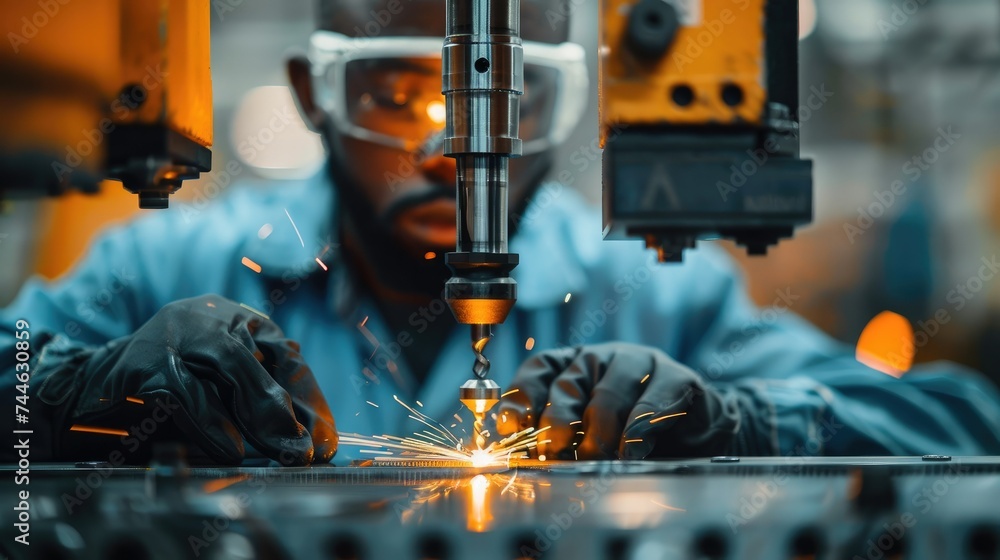 Poster a guy in gloves at a factory behind a machine drills holes in iron corners. generative ai.