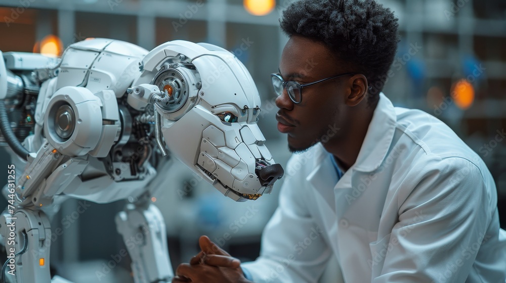 Aufkleber A multiethnic robotics engineer is seated at a desk with a professional industrial scientist in the background while discussing the concept of a robotic dog in a high tech research and development
