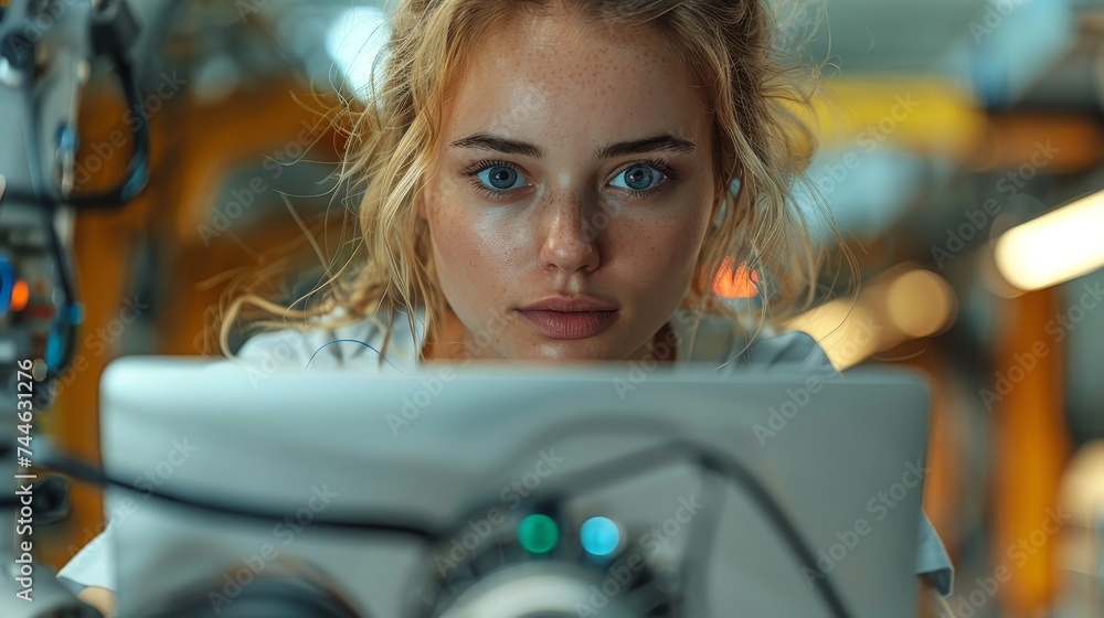 Aufkleber Photograph of a young robotics engineer with a laptop computer analyzing the concept of a robotic machine in a high tech factory. A female scientist manipulates and programs the robot for work.