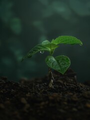 reen seedling with 2 leaves emerges from the soil, a droplet of water hangs on leave, extra close up, 8k
