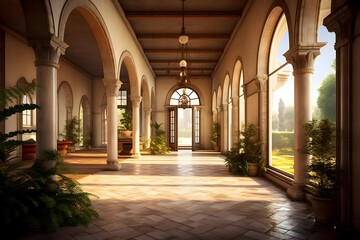Panoramic view of the courtyard of an old building with arches - obrazy, fototapety, plakaty