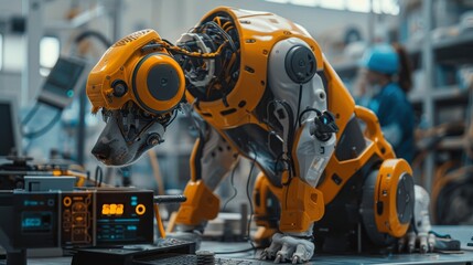 Women and men engineer professionally in a factory development workshop working on an industrial programmable robot dog. A tech facility with machines, computers, and research equipment is also
