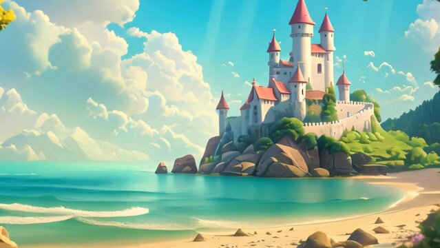 cartoon scene of beautiful castle by the beach and sea