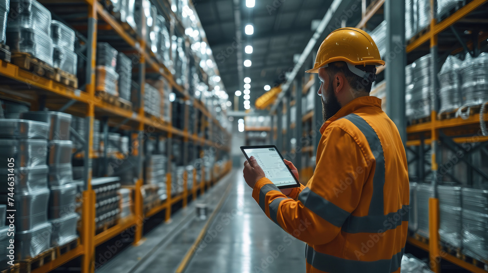 Poster Worker inspecting a load of tin in industrial facility with assembly line of metals. He is scanning a QR code with his tablet to check the provenance information of the material. Generative AI.