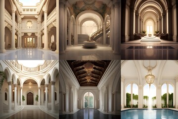 Collage of interior of a luxury hotel. 3d render.