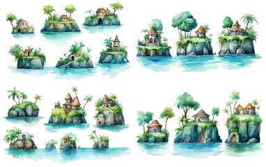watercolor cartoon illustration, cute hut on small island, collection set on white background, Generative Ai