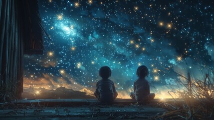 On the roof, two cute children look up at the stars. They see a shooting star and make a wish. - obrazy, fototapety, plakaty