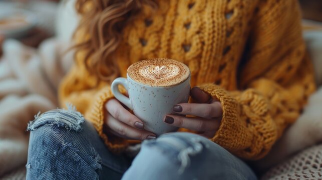 Posted on bed, a woman wearing a yellow sweater and jeans writes down her resolutions on the frothy surface of a mug of cappuccino while holding it while holding a white coffee cup.