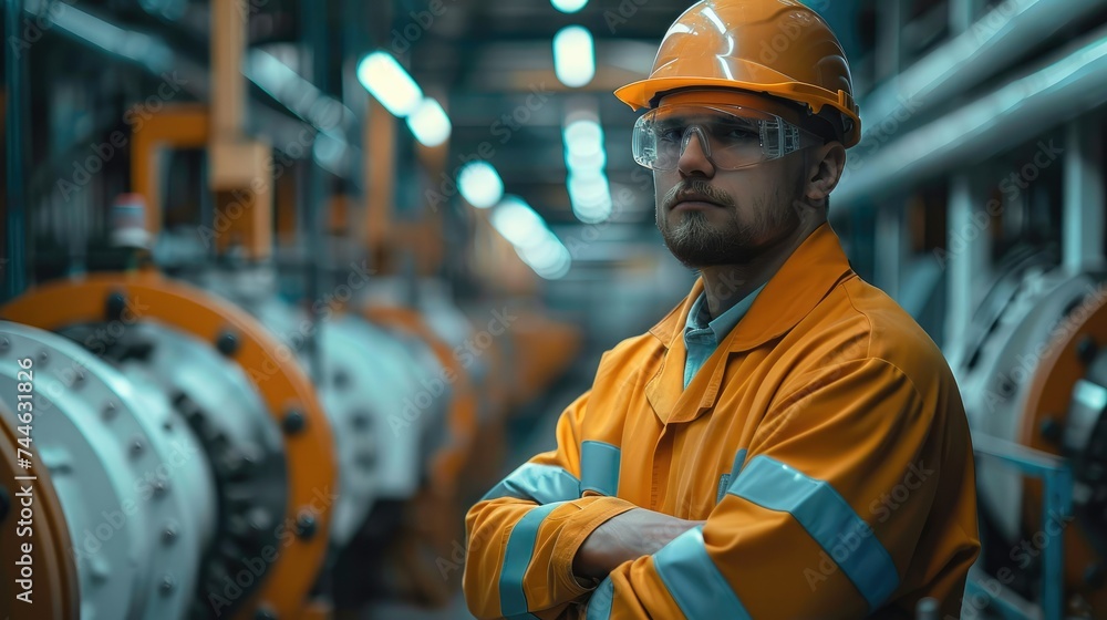 Poster a worker stands next to machinery in a factory. generative ai.