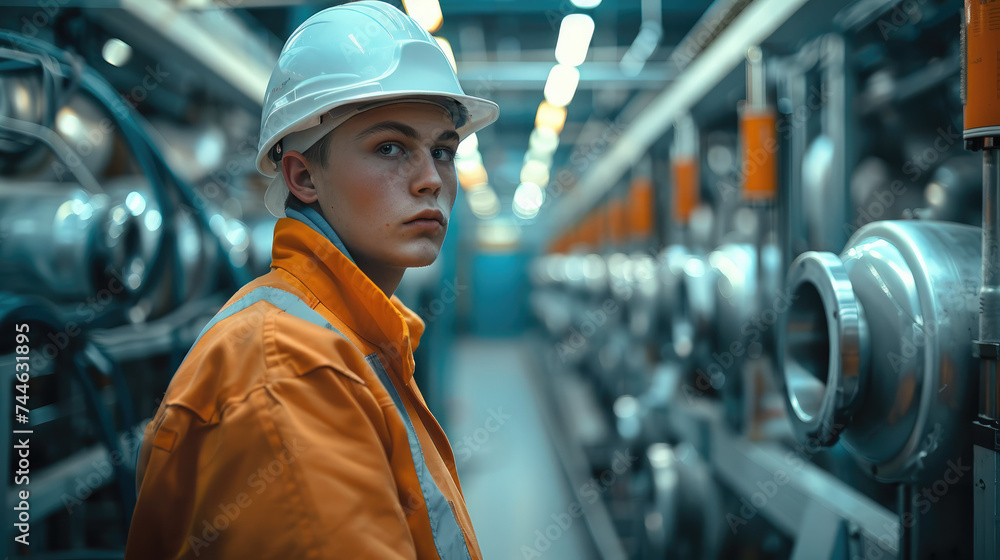 Aufkleber A worker stands next to machinery in a factory. Generative AI.