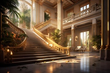 Luxury interior of an old building with stairs in the evening