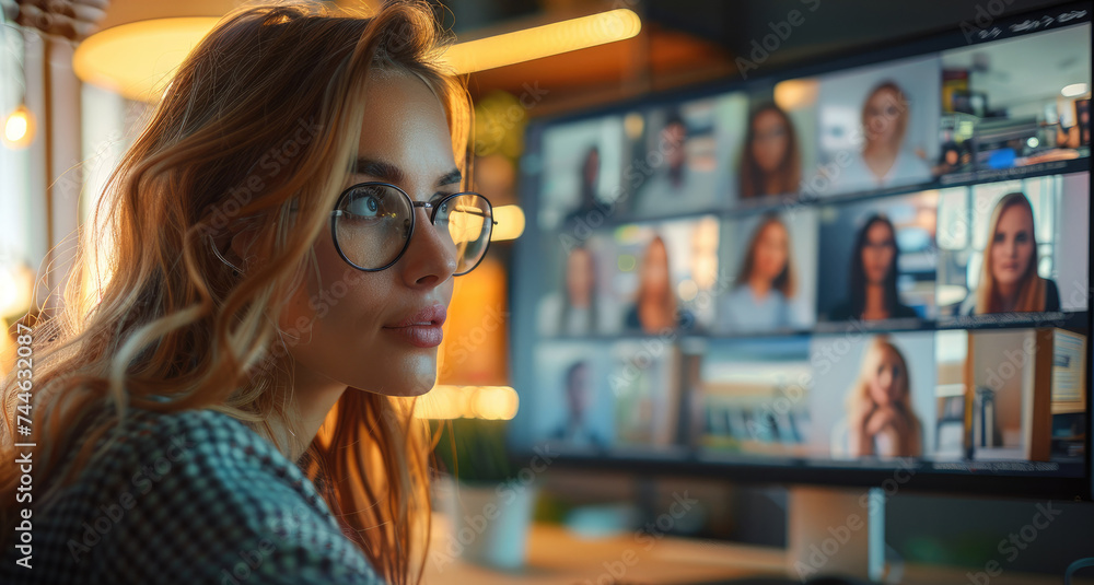 Aufkleber a woman sitting in front of her computer screen and interacting with other people on the screen in o