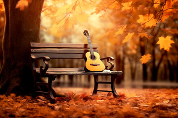 The guitar on the wood bench in autumn season with maple tree background, the concept: a song about autumn, music in colors forest - 744632049