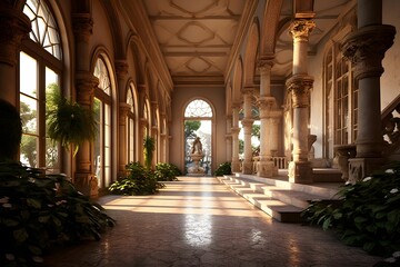 interior of a beautiful villa with columns and plants at sunset - obrazy, fototapety, plakaty