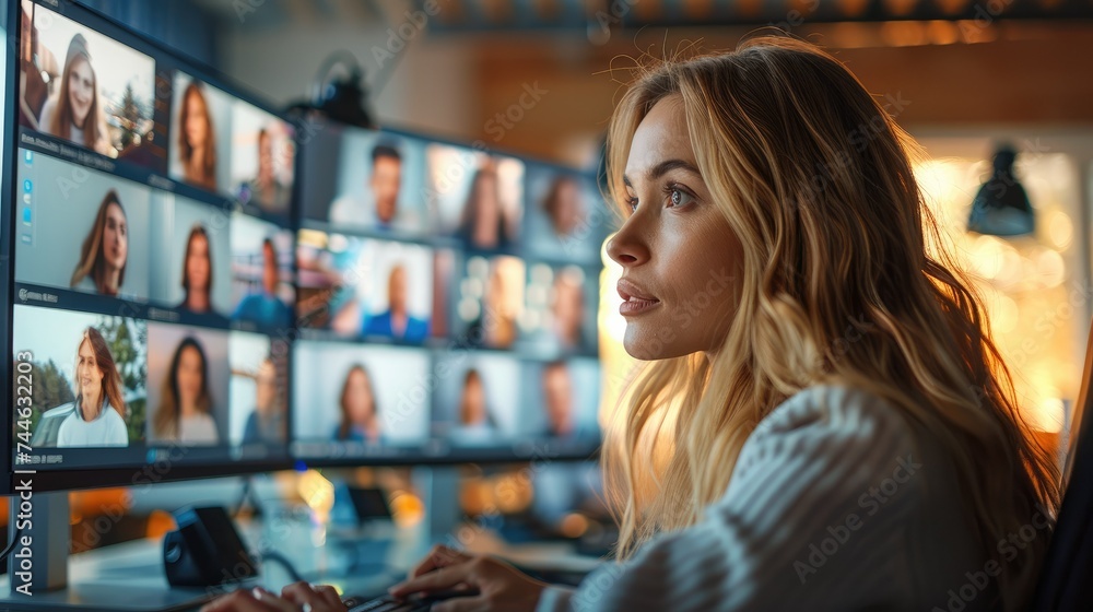 Aufkleber a woman sitting in front of her computer screen and interacting with other people on the screen in o