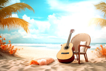 The guitar on the beach in summer season, the concept: a song about summer, music in colors, beach, sand, sea coconut tree, blue sky background - 744632204