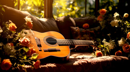 The guitar lies on the sofa with roses and flowers. the concept: a song for meditation, relaxation, music therapy - 744632254