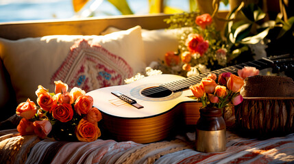 The guitar lies on the sofa with roses and flowers. the concept: a song for meditation, relaxation, music therapy - 744632285