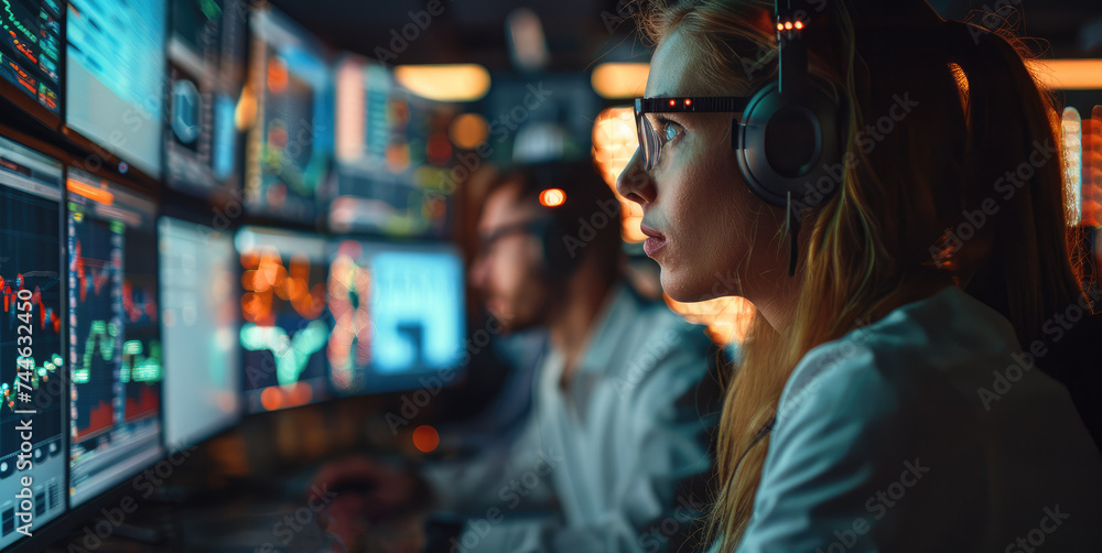 Aufkleber a team of busy, frantic male and female engineers in an it operations room trying to resolve a crisi