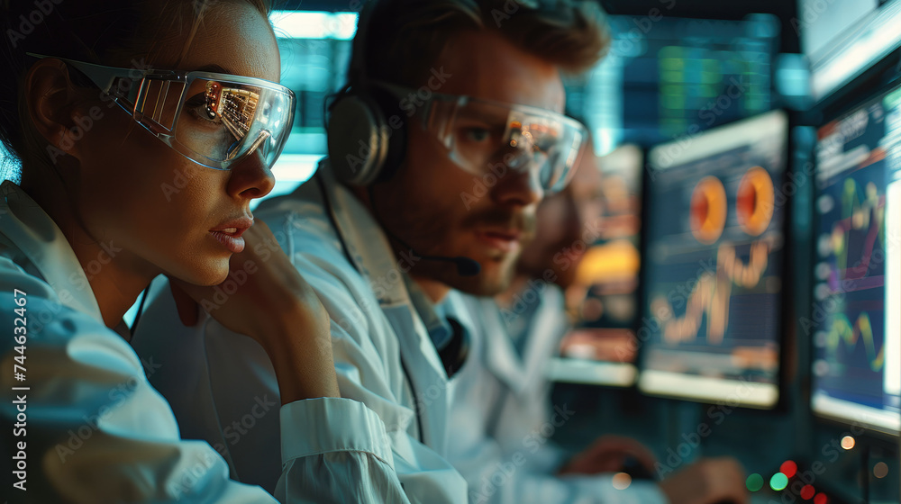 Aufkleber a team of busy, frantic male and female engineers in an it operations room trying to resolve a crisi