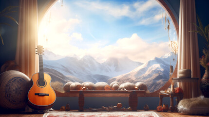 The guitar in the room with snow mountains and blue sky of the heaven. the concept: a song for meditation, relaxation, music therapy - 744632410