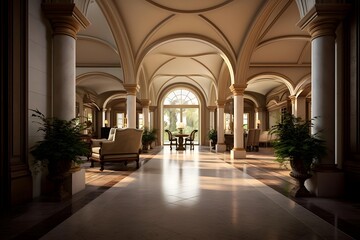 Luxury hotel lobby interior with arches, columns and chairs