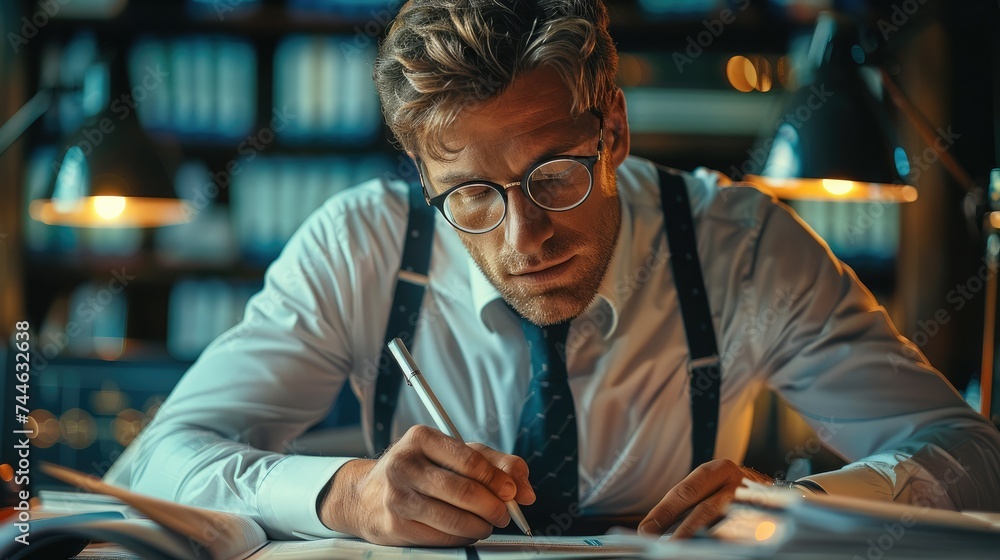 Poster a trader at a desk writing in his trading book. generative ai.