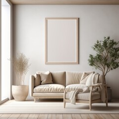 Modern living room with sofa and stylish interior design featuring furniture, lamp, and decor in a contemporary setting