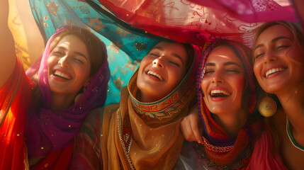 Four happy and smiling women of diversity nationalities underneath colorful fabric wearing ethnic clothes. Latino, Indian and white women empowering and supporting each other. - obrazy, fototapety, plakaty