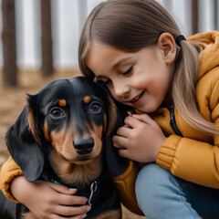 Kids poses with his Dachshund Sausage in the garden and hugs him affectionately