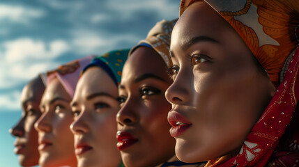 Five happy and smiling women of diversity nationalities wearing ethnic clothes, showing unity and diversity. Black and white women empowering and supporting each other on blurred background.