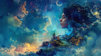 A surreal portrait of a woman's profile emerges from a vibrant fusion of cosmic starfields, nature, and a fantasy castle, evoking a dreamlike state. Lucid dreaming