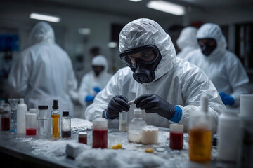 Men in protective suits mixing chemicals and solvents to make crack and other narcotics to be smuggled out and sold. An illegal cocaine lab run by the cartels, a source for the supply of drug trades. - obrazy, fototapety, plakaty
