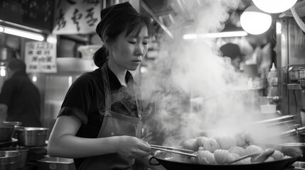 Female Cook Preparing Traditional Asian Cuisine in a Market Stall