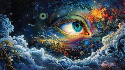 A fantastical depiction of a giant eye surrounded by intricate celestial cloud formations, blending the cosmos with visionary art. - obrazy, fototapety, plakaty
