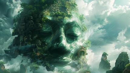An ethereal face formed from lush forest and ancient ruins looms large in the mist, creating a serene yet mysterious natural wonder. Spiritual guides - obrazy, fototapety, plakaty