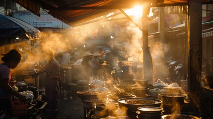 Busy Outdoor Food Market Scene with Sun Rays and Steam