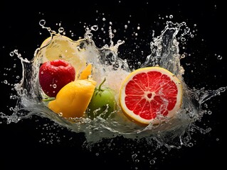 Fruits in water splash, isolated on black background, panorama