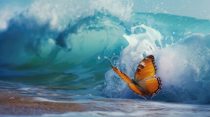 Butterfly flapping its wings against the background of the sea