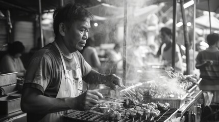Street Food Vendor Grilling Skewers at Busy Market Stall