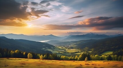Panoramic view of beautiful sunset in Carpathian mountains. - obrazy, fototapety, plakaty