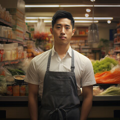 in the grocery store, a confident Asian staff member, dressed in an apron, stands with a friendly smile. Generative AI.