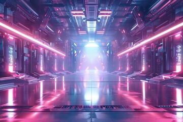 Empty purple space, neon lights, Futuristic, modern interior, future room style or spaceship, sci-fi, hi-tech, background, 3D rendering.
