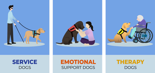 service dogs perform tasks to help heal mentally ill patients and assist people with disabilities, animal medical treatment vector illustration