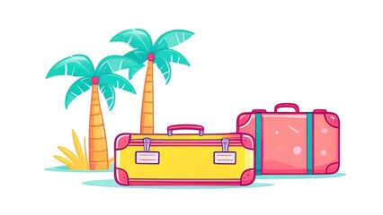 lying suitcase and straw hat on sun room background with copy space. The concept of summer time, vacation, tourism. white background
