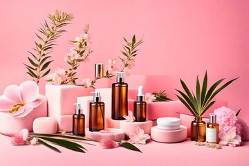 spa still life with oil and flowers, Immerse yourself in a world of tranquility and rejuvenation with a serene scene of skin care oil, natural cosmetics, and spa treatments delicately arranged on a so - obrazy, fototapety, plakaty