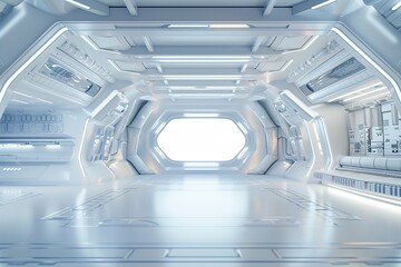 Empty white space, neon lights, Futuristic, modern interior, future room style or spaceship, sci-fi, hi-tech, background, 3D rendering.