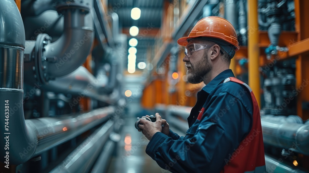Aufkleber a plumber checking a pipe in an industrial building. generative ai.