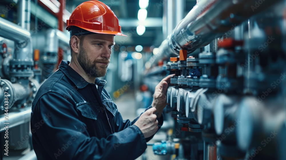 Aufkleber a plumber checking a pipe in an industrial building. generative ai.