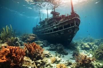 Shipwreck on the seabed of the Indonesian Maldives archipelago